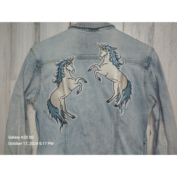 Lularoe Unicorn Jean Jacket Womens Size Small Denim Light Wash Applique Distress - Picture 6 of 8